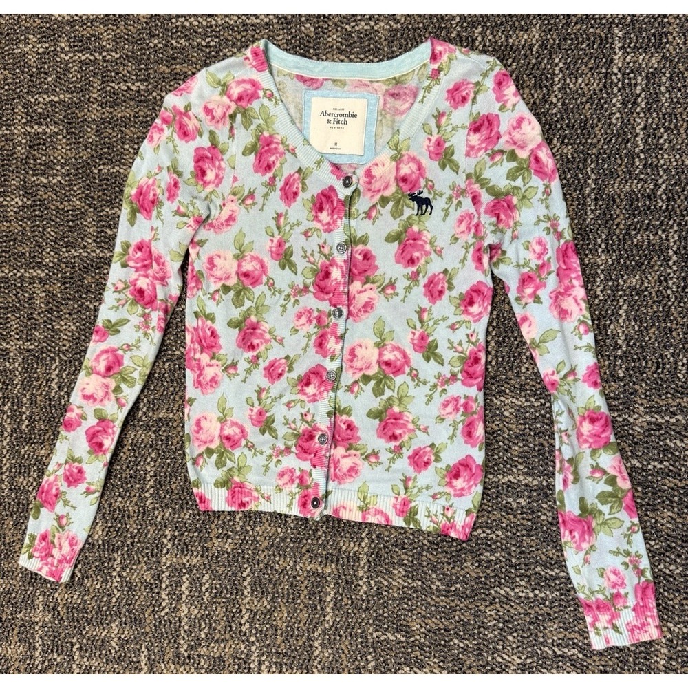 Y2K Abercrombie & Fitch Med Light Blue Pink Floral Coquette Cottagecore Cardigan